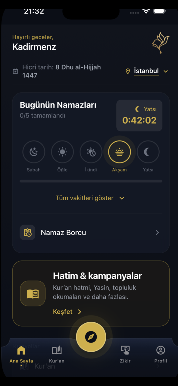 Iqra ana ekran — namaz vakitleri ve günlük özet