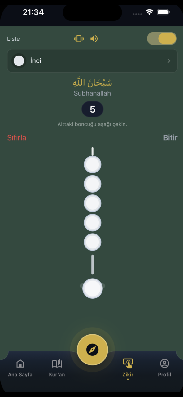 Iqra tespih çekme modu — İnci teması